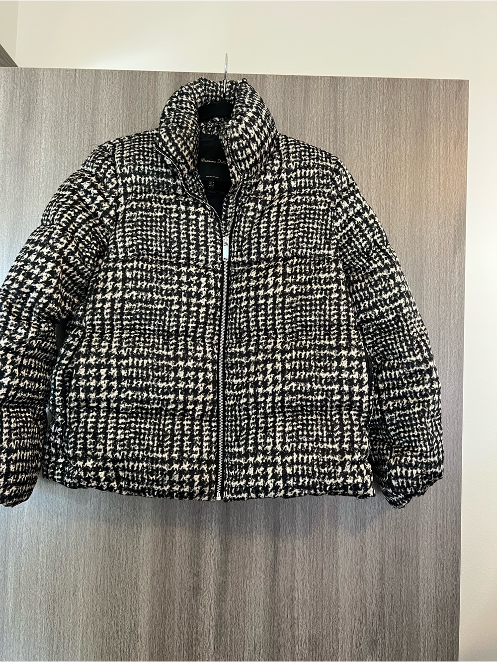 Massimo Dutti Black and White Houndstooth Puffer Coat